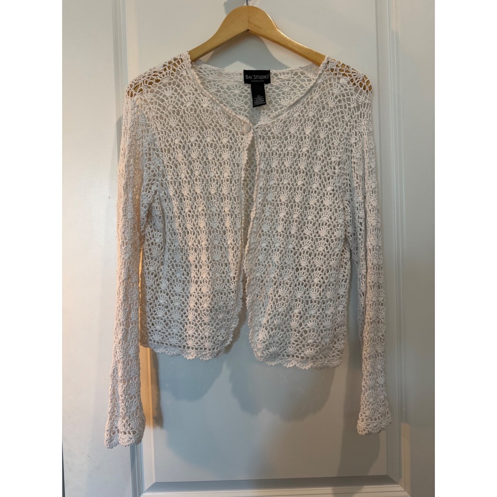 Bay Studio White Crochet Cardigan Sweater Womens 3X Ramie Cotton Open Knit Shrug